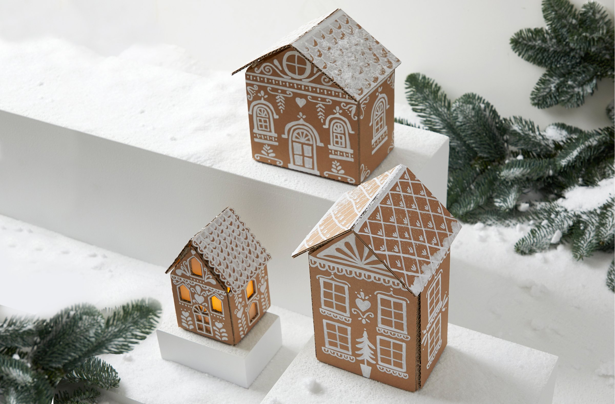 Gingerbread-style cardboard houses