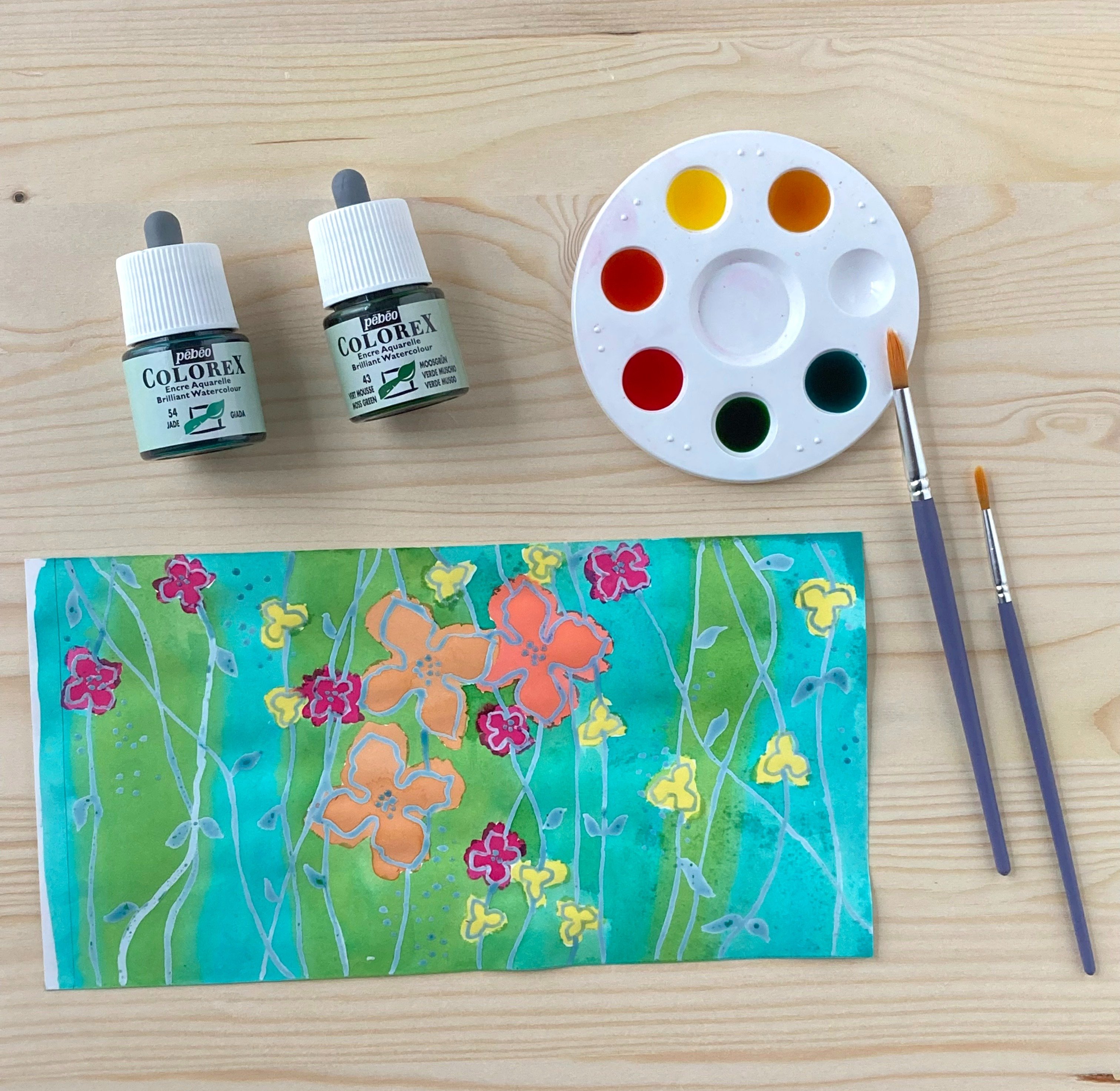 peinture aux encres colorex de fleurs sur fond vert jade