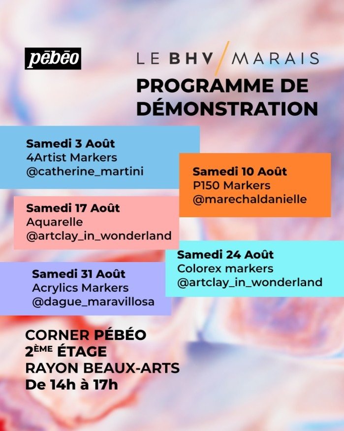 programme des ateliers Pébéo au BHV marais aout 2024