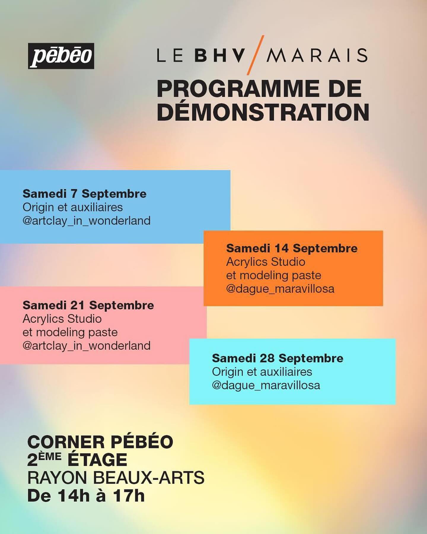 Nous vous présentons notre programme créatif pour ce mois au BHV/MARAIS à Paris 📍.
Chaque samedi après-midi, d...